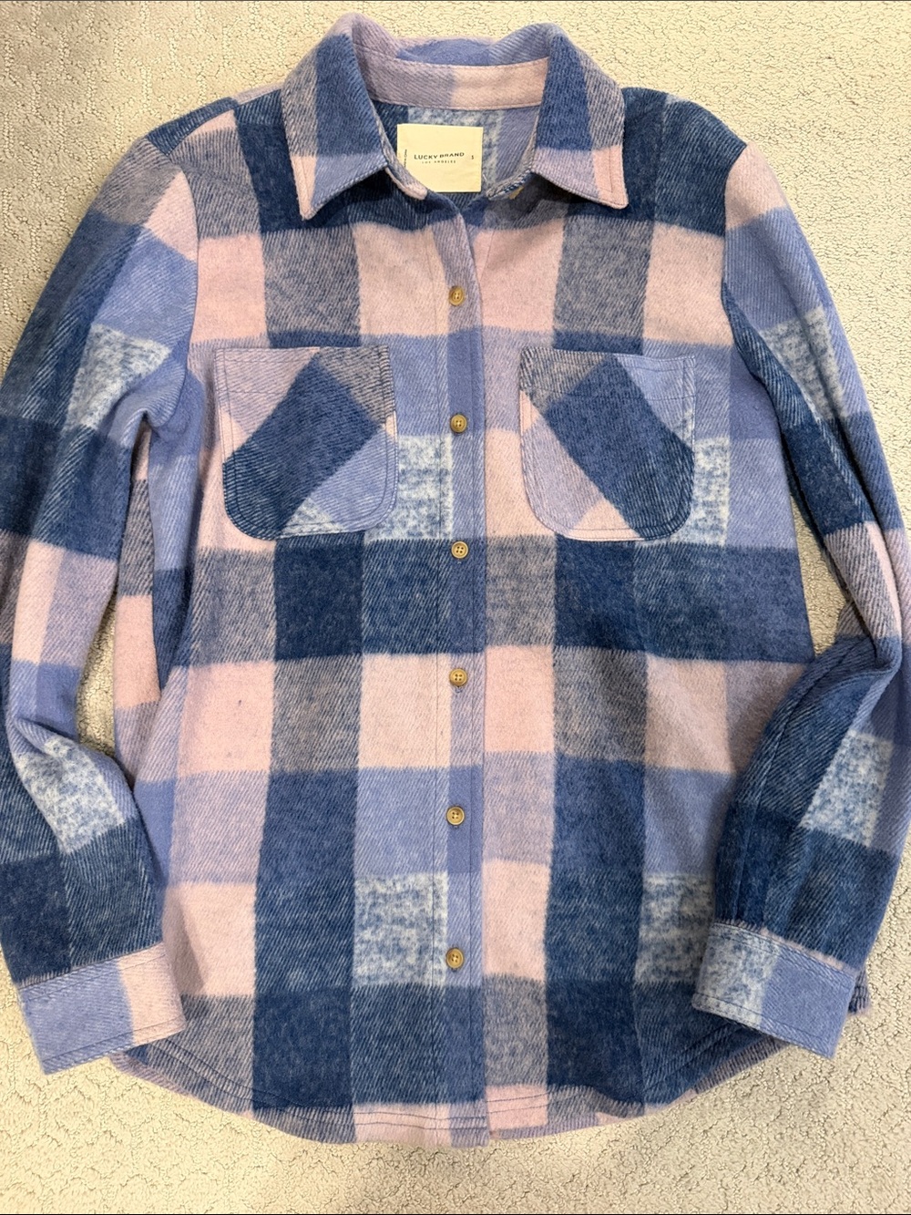Lucky Brand Size Small Like New Women’s Plaid Button-Up Shacket in Blue and Pink